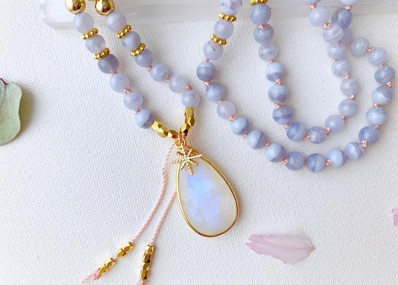 Natural Blue Lace Agate 8mm 108 Mala Beads, Spiritual, Meditation Beads, Reiki, Japa Mala, Buddhist Prayer Beads, Yoga Bracelet, healing beads LKMALA-RRGU-2181, 34 inch