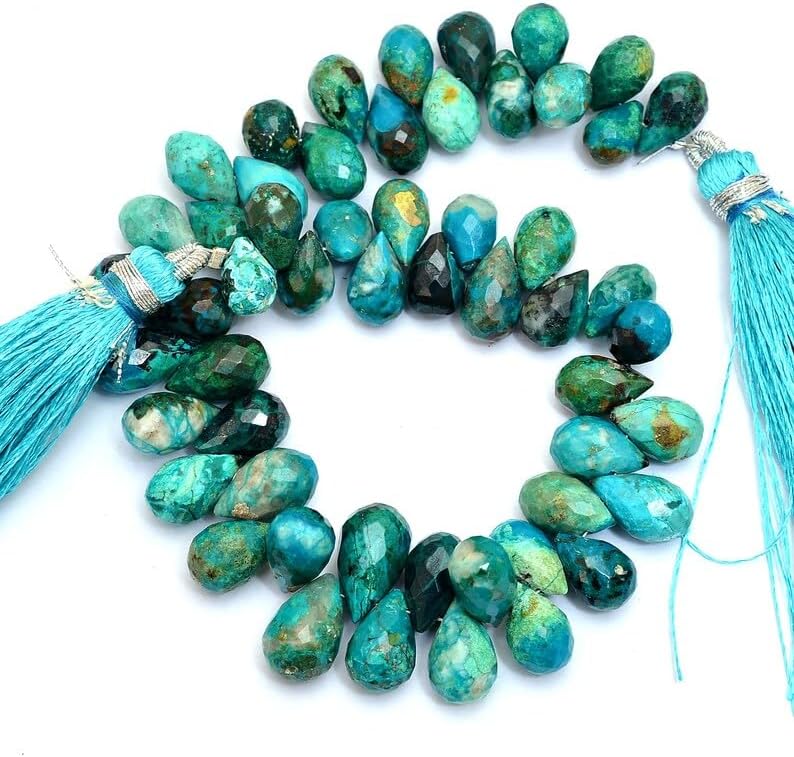 8 inch Strand of Natural Chrysocolla 6x8-7x10mm Teardrop Faceted briolette Beads for DIY Jewelry Making. |BRIO_02279