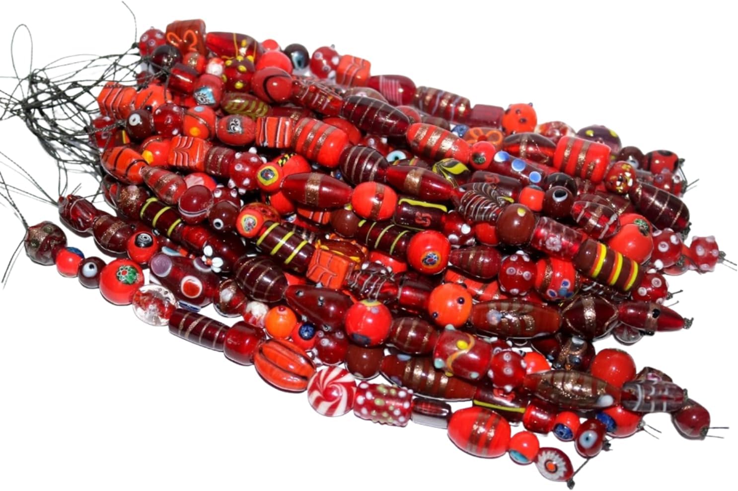 Handcrafted Red Lampwork Glass Beads | Mixed Shape Fancy Assorted Beads | Available in 40 Strands | Artistic Handmade Beads for Jewelry Making, DIY Crafts.