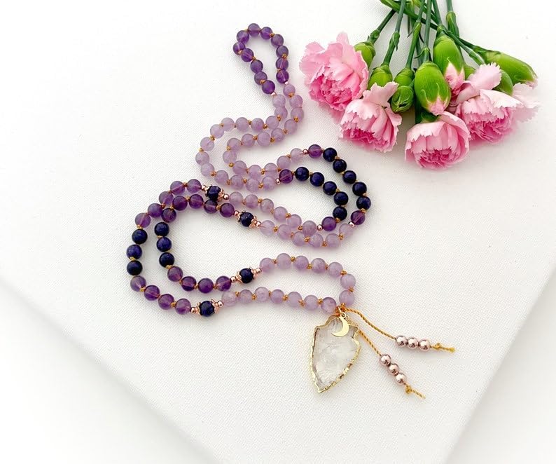 Amethyst and Charoite Stone Mala Beads, 108 Mala Necklace, Knotted Mala, WWG Necklace, Yoga Jewelry Meditation Beads Spiritual Jewelry Boho Jewelry