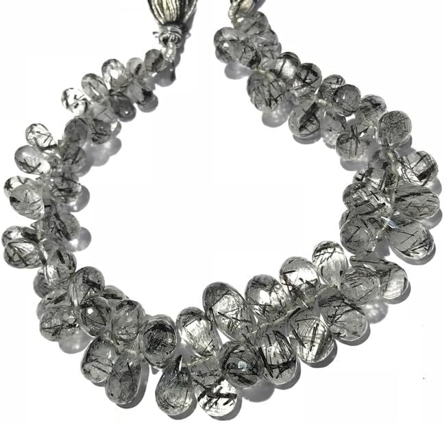 8 inch Strand of Natural Black Rutile Quartz 7-14mm Teardrop Faceted briolette Beads for DIY Jewelry Making. |BRIO_00934