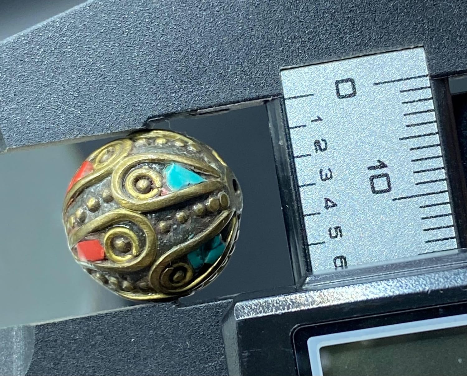 ALI OPLALS Old Antique Nepali Tibetan Handmade Brass Bead 16mm 6g | Turquoise & Coral Inlay Round Bead | Ethnic Boho Jewelry Supply |Prayer Buddha Amulets, For Pendant Bracelet Necklace Making (50)