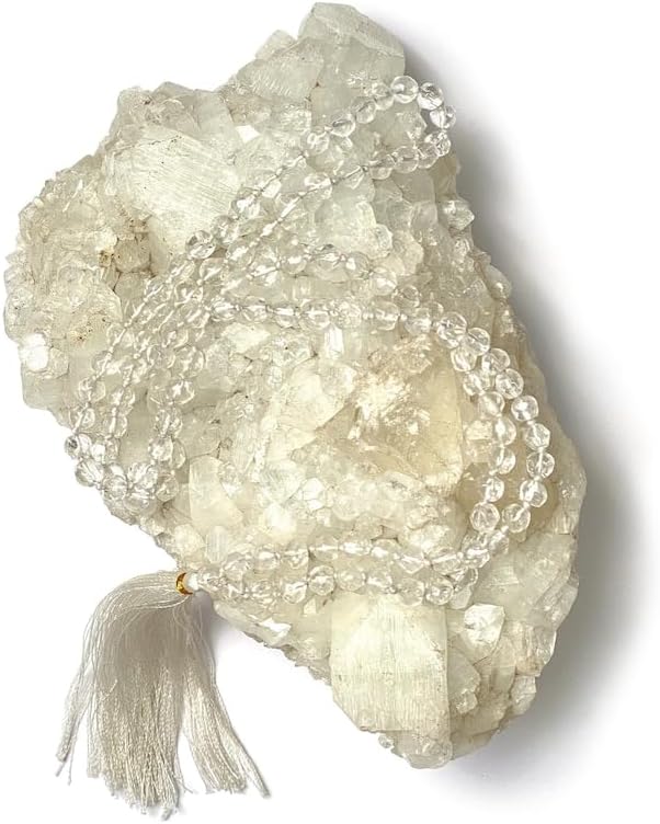 Natural Clear Quartz 8mm 108 Mala Beads, Spiritual, Meditation Beads, Reiki, Japa Mala, Buddhist Prayer Beads, Yoga Bracelet, healing beads LKMALA-RRGU-3157, 34 inch, white