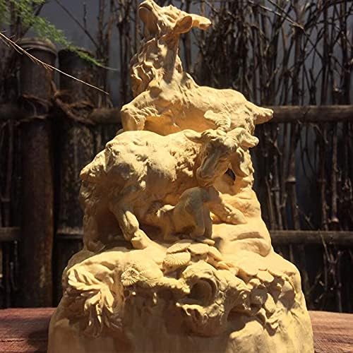 Mascot Wooden Crafts Wood Carving Art Wood Decoration Artwork 大叶黄杨木三羊开泰家具木雕刻摆饰摆件客厅工艺品(黄杨木三羊开泰)