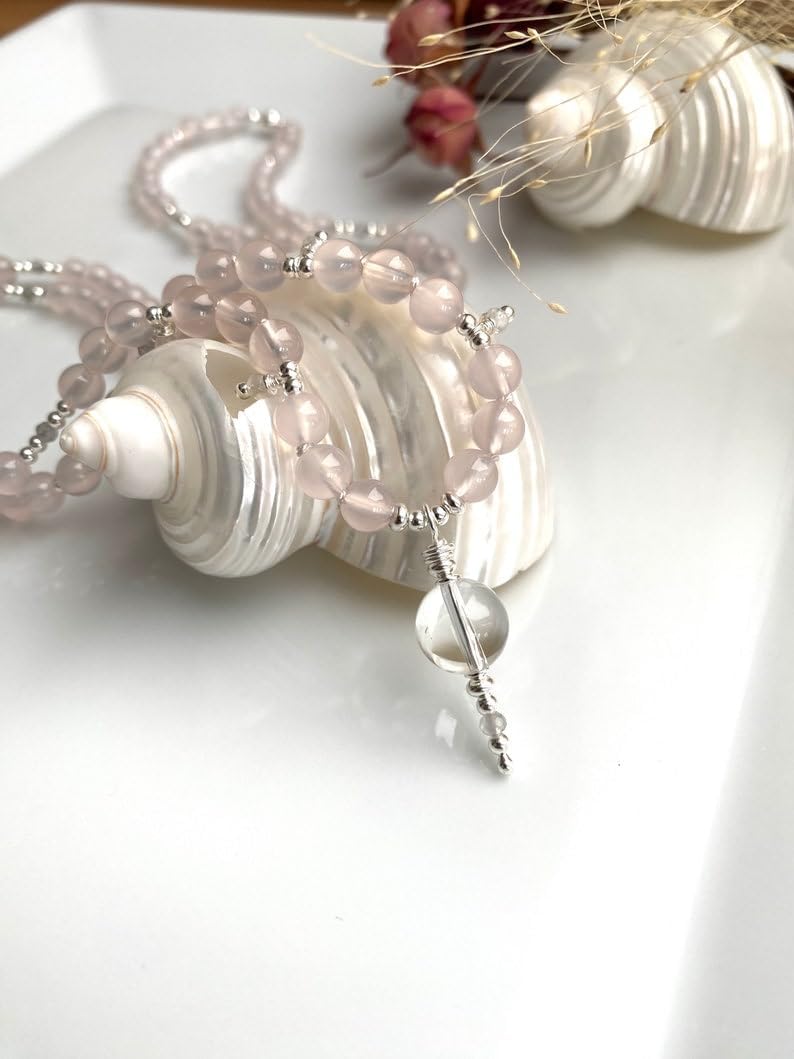 pink chalcedony Stone Mala Beads, 108 Mala Necklace, Knotted Mala, WWG Necklace, Yoga Jewelry Meditation Beads Spiritual Jewelry Boho Jewelry, 34inch, Gemstone