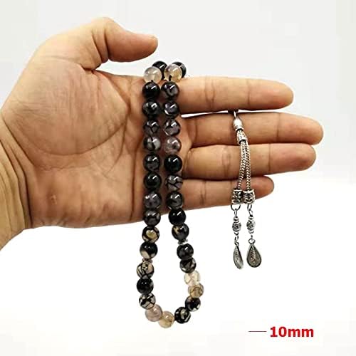 Muslim Men's Bracelet Natural Agate Tasbih Gift Islamic Rosary Misbaha Selected Rosary 33 66 99 Black Transparent Agate Bracelet (Length : 12mm, Metal Color : 99 Beads)