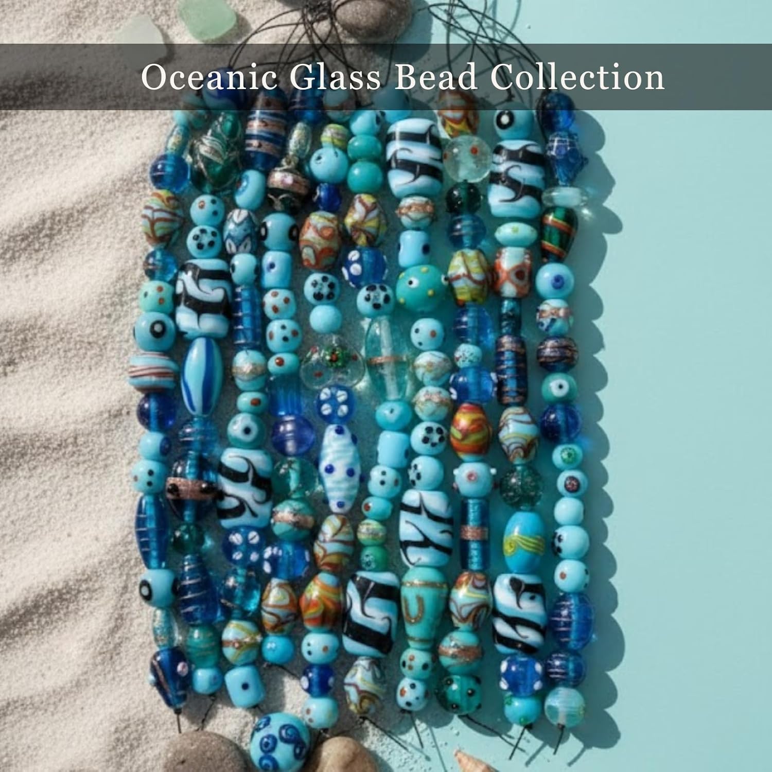 Handcrafted Turquoise Lampwork Glass Beads | Multi Shape Fancy Assorted Beads | Available in 50 Strands | Artistic Glass Bead Set for Jewelry Making & DIY Crafts.