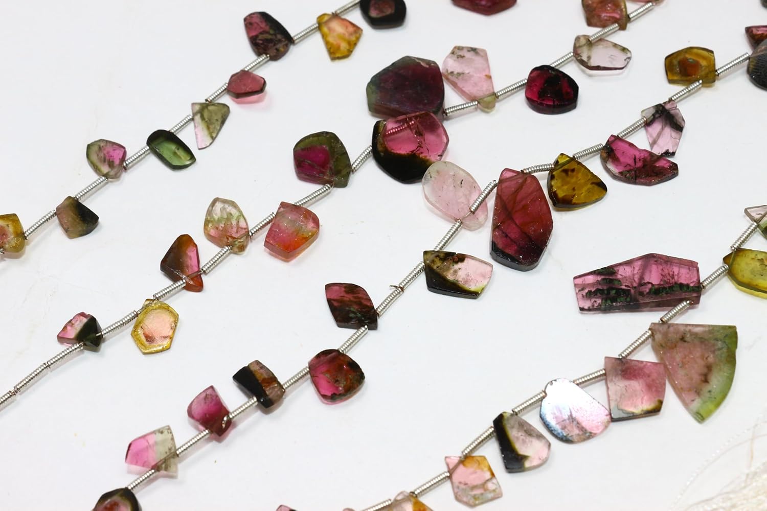 Natural Multi Tourmaline Rough Slice Beads, Pink Green Crystal Gemstones, 5-10mm, Silver Coil Spacers, 8 Inch Strand