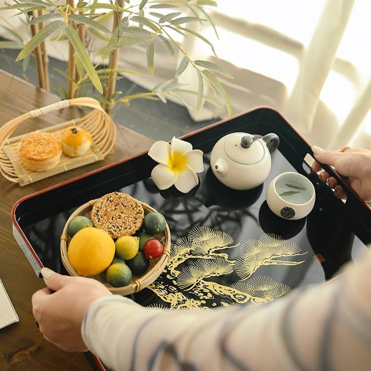 Tray Front Heavy Lacquerware Long Hand Tray Japanese Style Hand-Painted Fruit Tray Wedding Housewarming Gift Tea Tray Serving Trays(B)