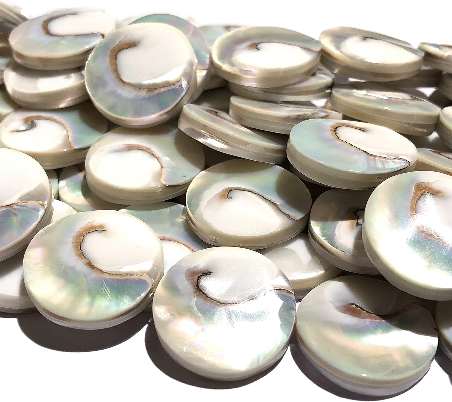 ABCGEMS Metallic-Silver Mermaid-Nautilus Beads with Iridescent Flash (Each Piece Produces Only One Bead from Its Center) Thick Nacre - Core Spiral Cut - Gigantic 30mm Coin (Full Strand - 14 Beads)