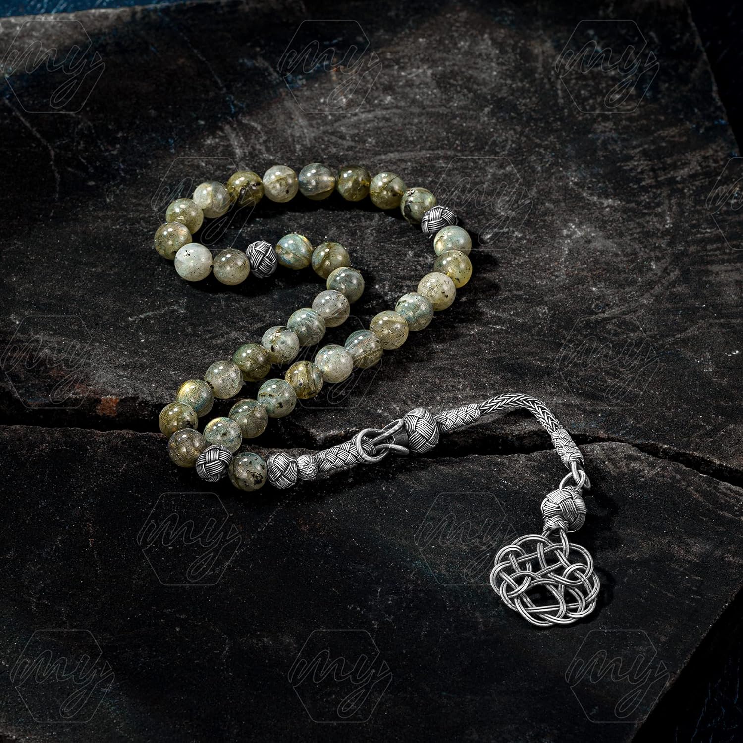 1000 Ct Silver Kazaz Tassel Labradorite Islamic 33 Prayer Beads Tasbeeh Misbaha