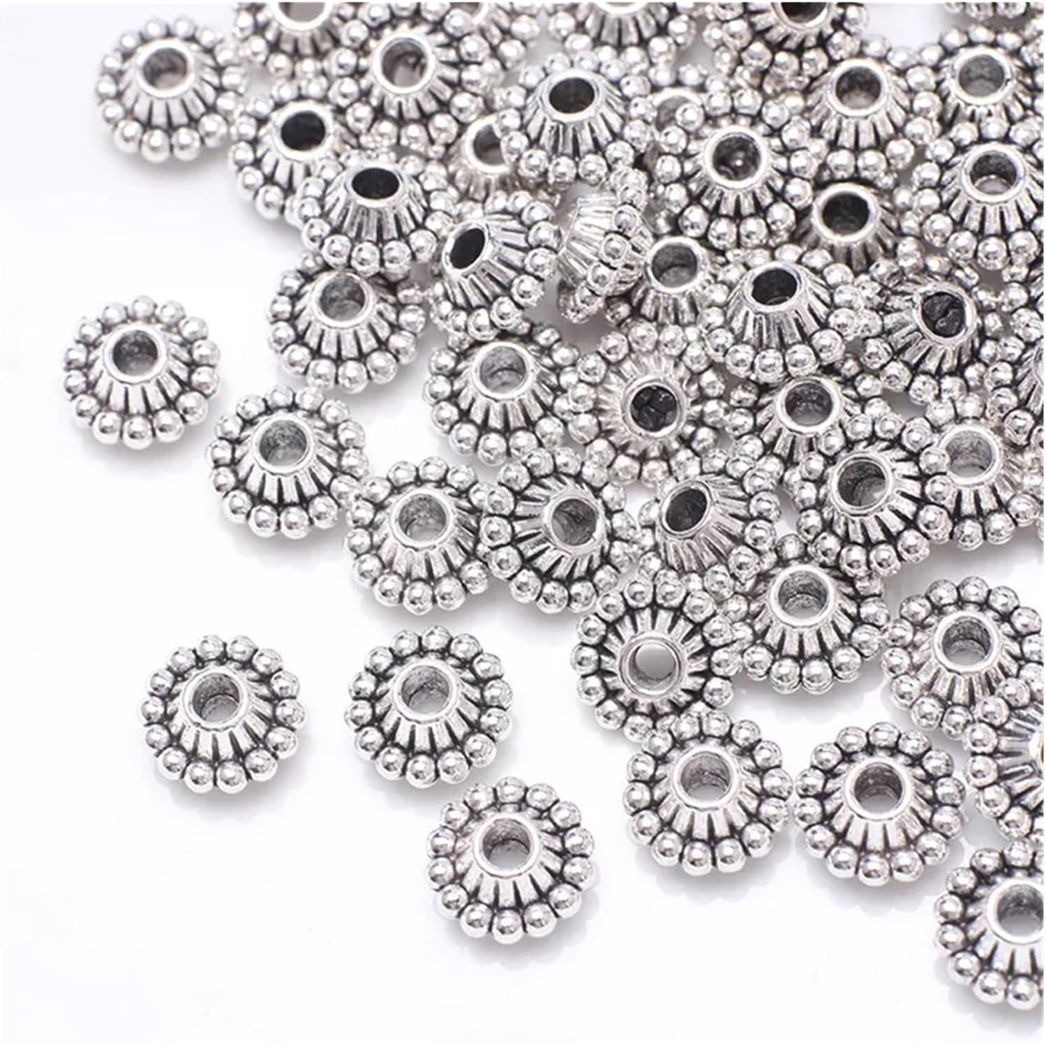 Spacer Beads 500Pcs Metal Spacer Beads Hollow Cap Alloy Tibetan Silver Round Beaded Big Hole Fit Charms Bracelet for Jewelry Making Craft Projects(HJ022)