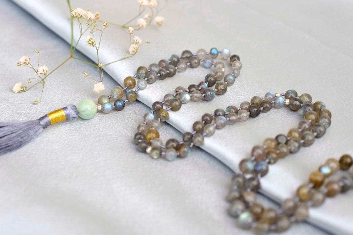 Vaibhav Jewellers A+ Natural Labradorite Mala Necklace Metal Spacer | Blue Flash, Psychic Attack Protection 108 Mala Beads | Personalized Mala Yoga Mala