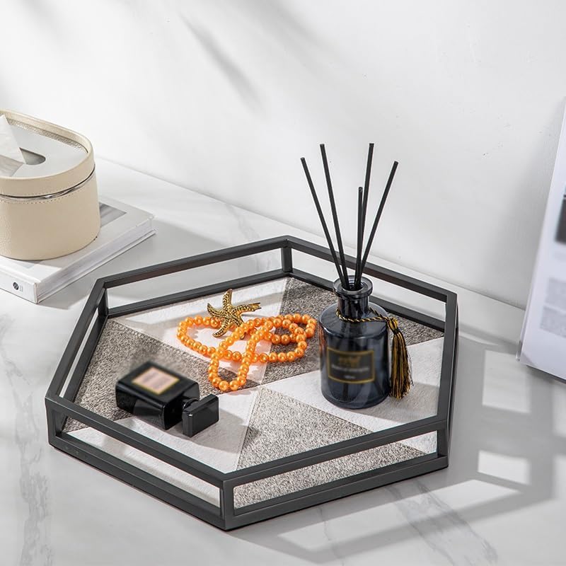 Cafeteria Tray Light Luxury Hexagonal Horsehair Tray Entrance Storage Cosmetics Desktop Tray Gray and White Ornaments Decorative Jewelry Tray Serving Trays(A,Medium)