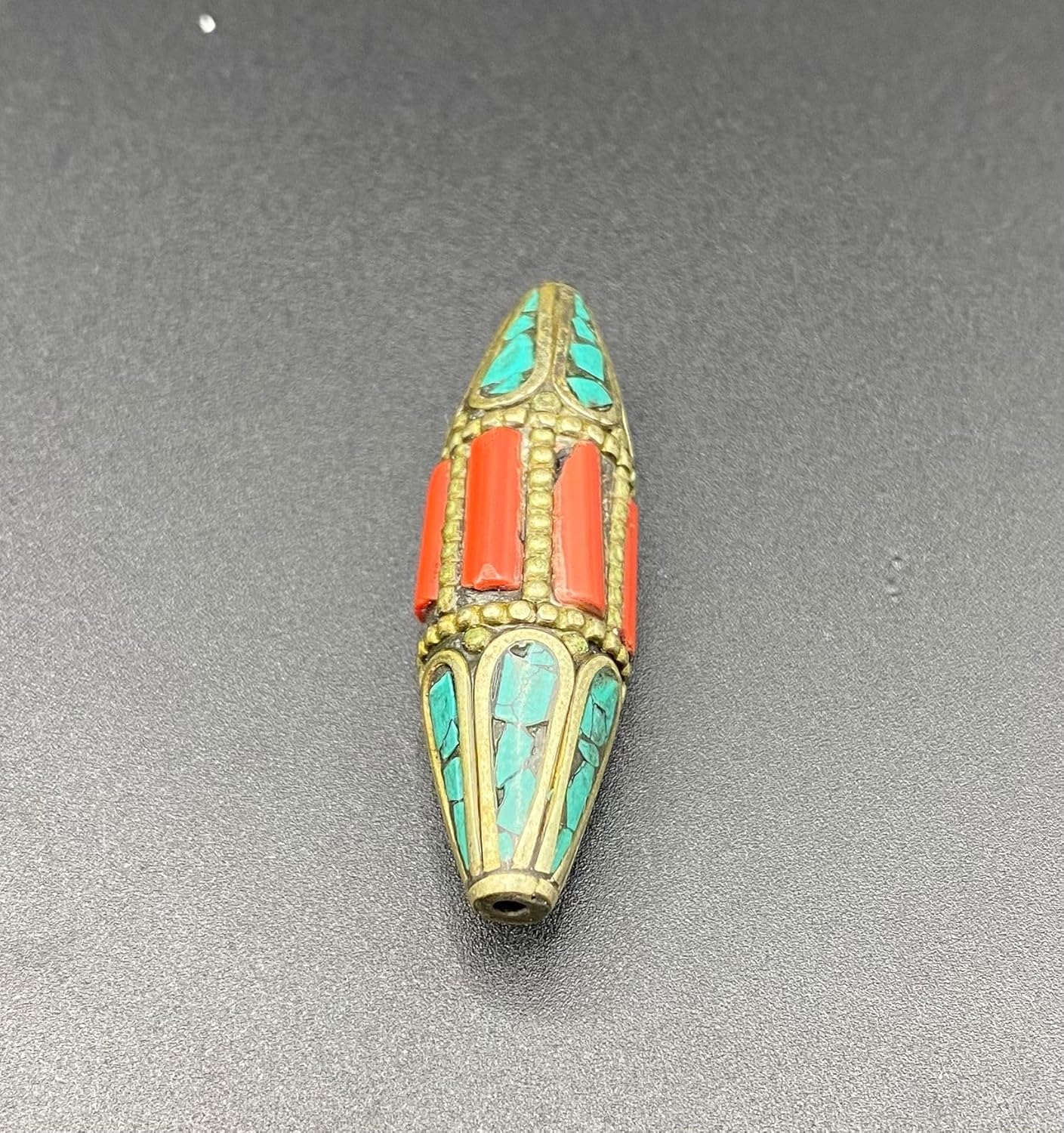 Handcrafted 13g Nepalese Tibetan Brass Bead with Turquoise & Coral Inlay – Vintage Ethnic Dzi Style Barrel Bead for Jewelry Making