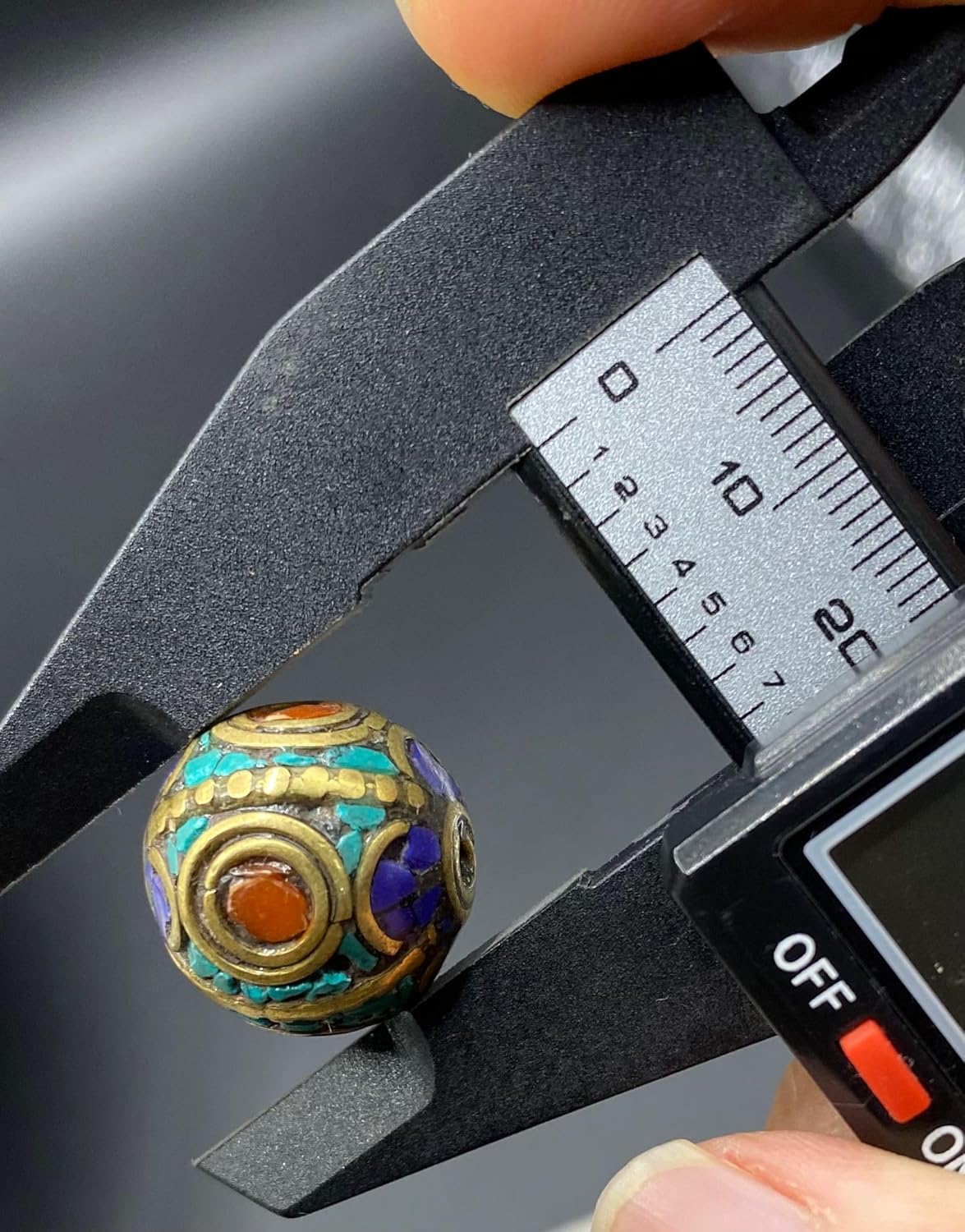 Old Antique Nepali Tibetan Handmade Brass Bead 20mm 10g | Turquoise,Lapis Lazuli & Coral Inlay Round Bead | Ethnic Boho Jewelry Supply | for Pendant Bracelet Necklace Making (50)