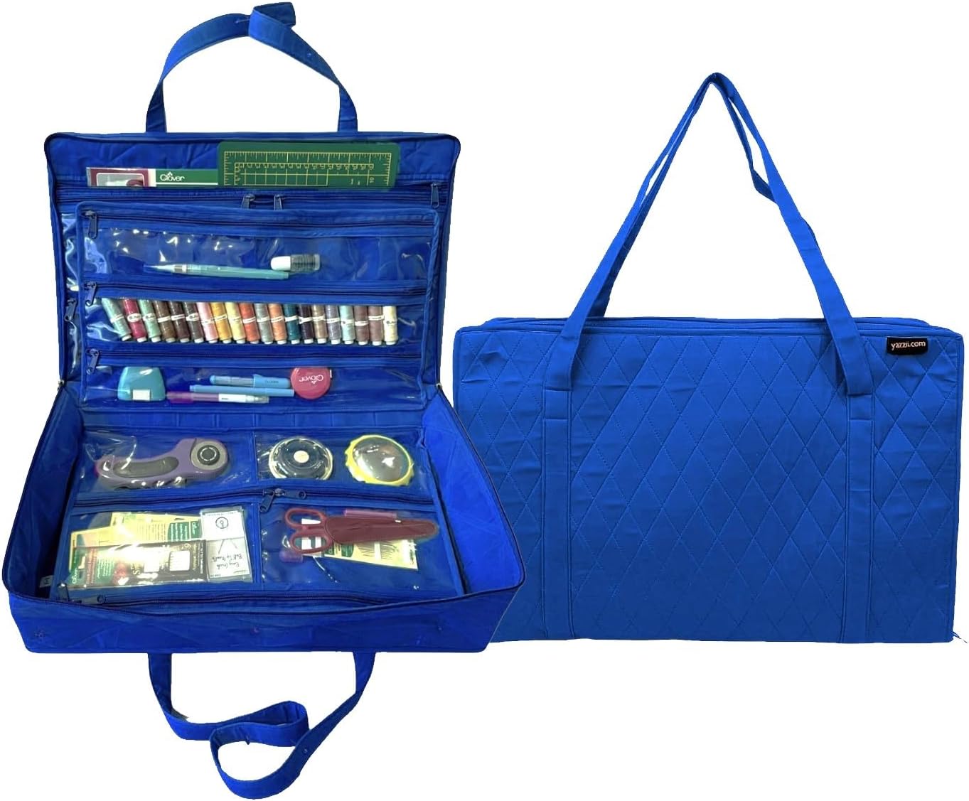 Yazzii Carry All Organizer Tote – Ultimate Craft Storage Bag with 20 Pockets - Quilting Supplies, Sewing Notions, Cutting Mats & More - Royal Blue