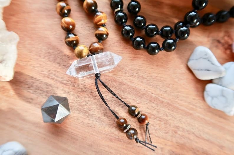 Onyx, Tiger Eye, Clear Quartz Stone Mala Beads, 108 Mala Necklace, Knotted Mala, WWG Necklace, Yoga Jewelry Meditation Beads Spiritual Jewelry Boho Jewelry, 34inch, Gemstone