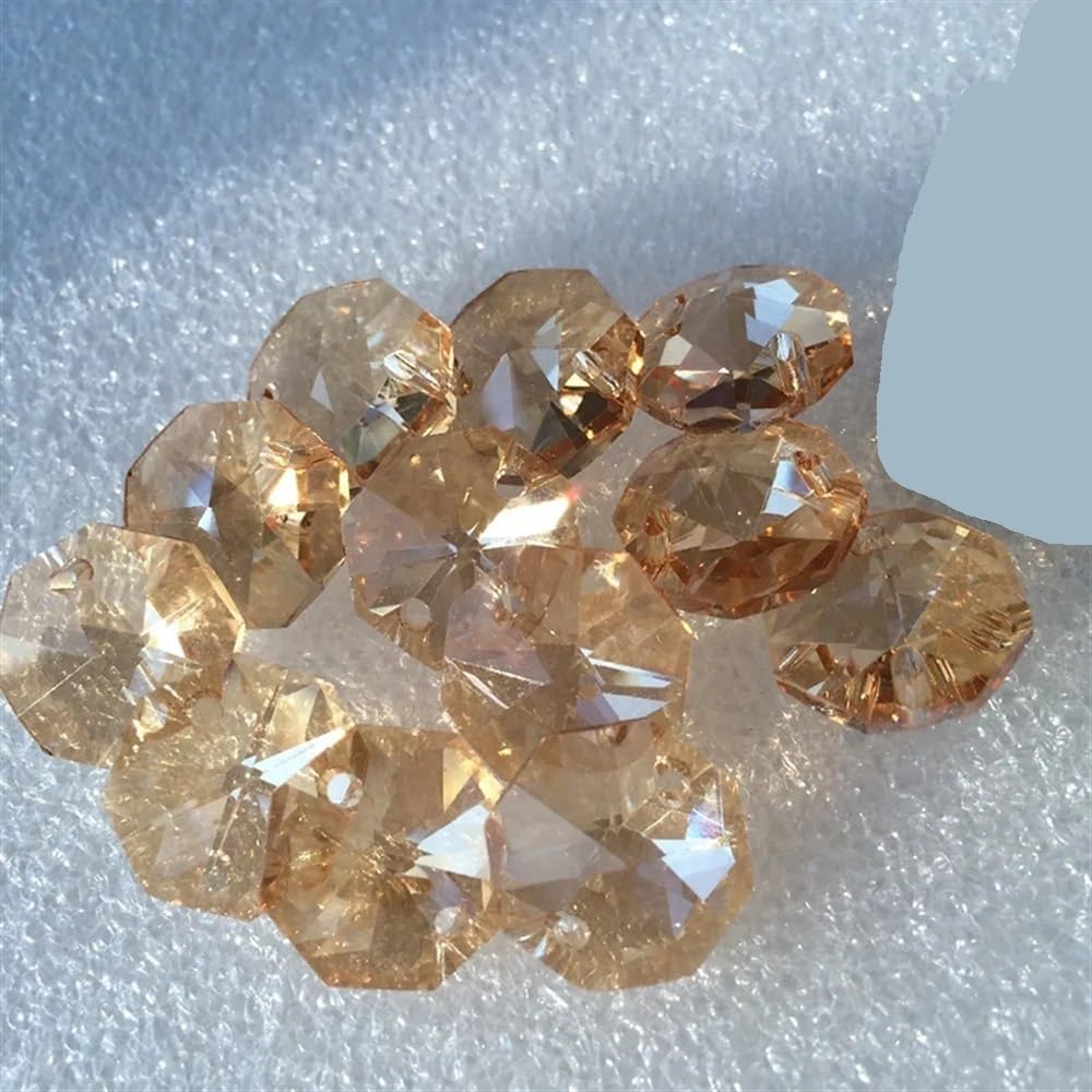 Hanging Crystals Prisms 500pcs 14mm Champange Crystal Octagon Beads in 2 Holes for Accessories Chandelier Parts Hangings Crystals for Decoration