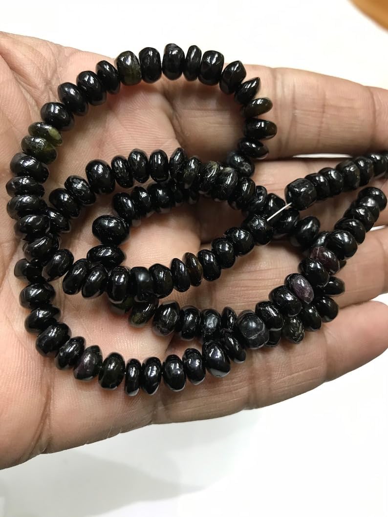 Natural Black TRUMULINE roundelle Smooth Beads 7-8 MM 18 inch Long String Jewelry Making Gemstone Beads for Necklace Bracelet