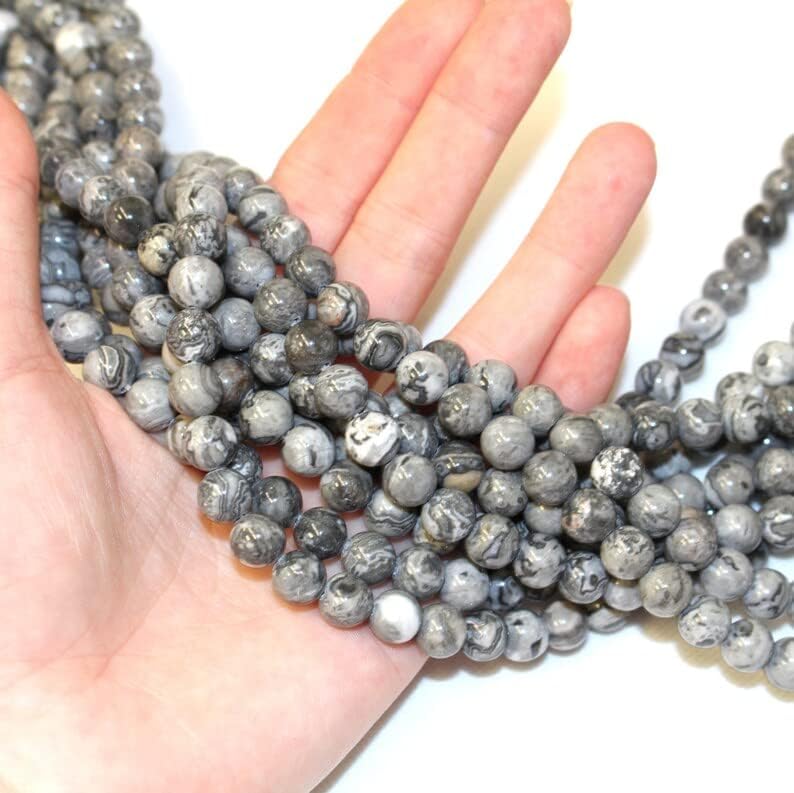 13 inch Strand of Natural gem Gray Picture Jasper, 10mm Round Smooth Beads for DIY Jewelry Making. | Beads_03976