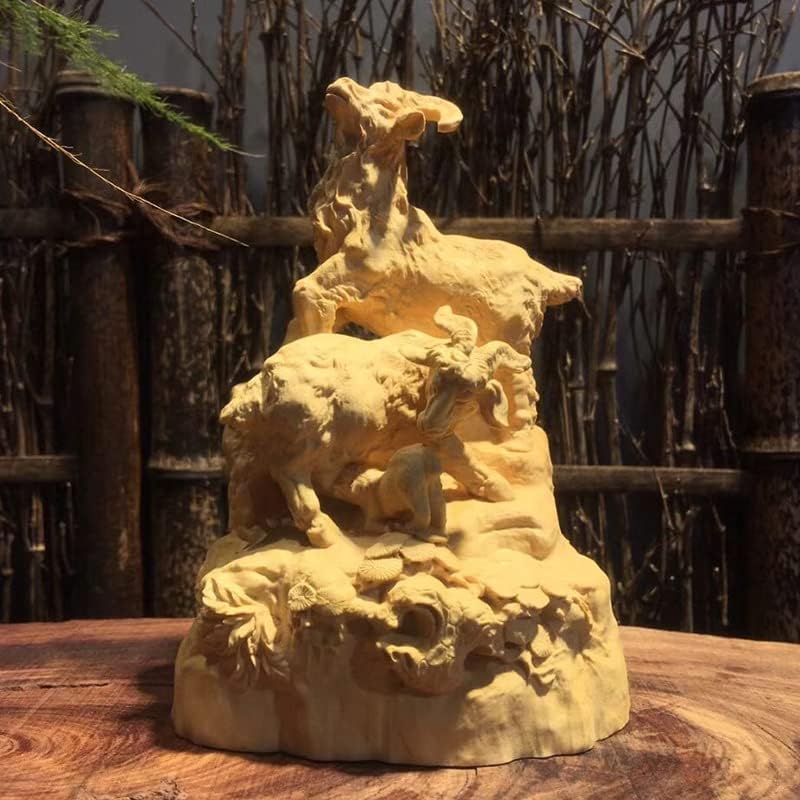 Mascot Wooden Crafts Wood Carving Art Wood Decoration Artwork 大叶黄杨木三羊开泰家具木雕刻摆饰摆件客厅工艺品(黄杨木三羊开泰)