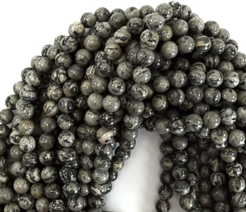 13 inch Strand of Natural gem Gray Leopard Skin Jasper, 8mm Round Smooth Beads for DIY Jewelry Making. | Beads_03918