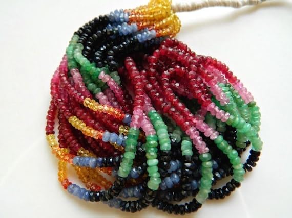 BEADS GEMSTONE 5 Strand Natural Yellow Sapphire Blue Sapphire Pink Sapphire Faceted Rondelles 3mm to 4mm 13 Inches Code-HIGH-19216