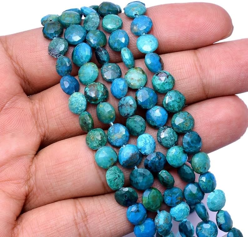 13 inch Strand of Natural gem Chrysocolla, 7-8mm Coin Faceted Beads for DIY Jewelry Making. | Beads_03496, As Per Photo