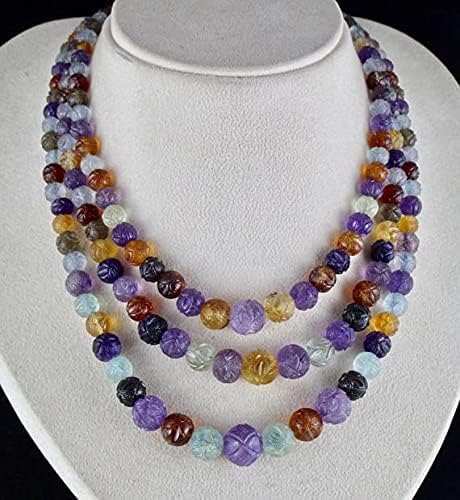 3 Line Natural Multi Color Amethyst Citrine Aquamarine Etc Carved Beads Necklace 17 INCHES 14 MM to 6 MM