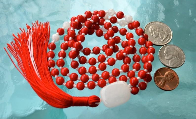 Natural Red Coral Moonstone 6mm 108 Mala Beads, Spiritual, Meditation Beads, Reiki, Japa Mala, Buddhist Prayer Beads, Yoga Bracelet, healing beads