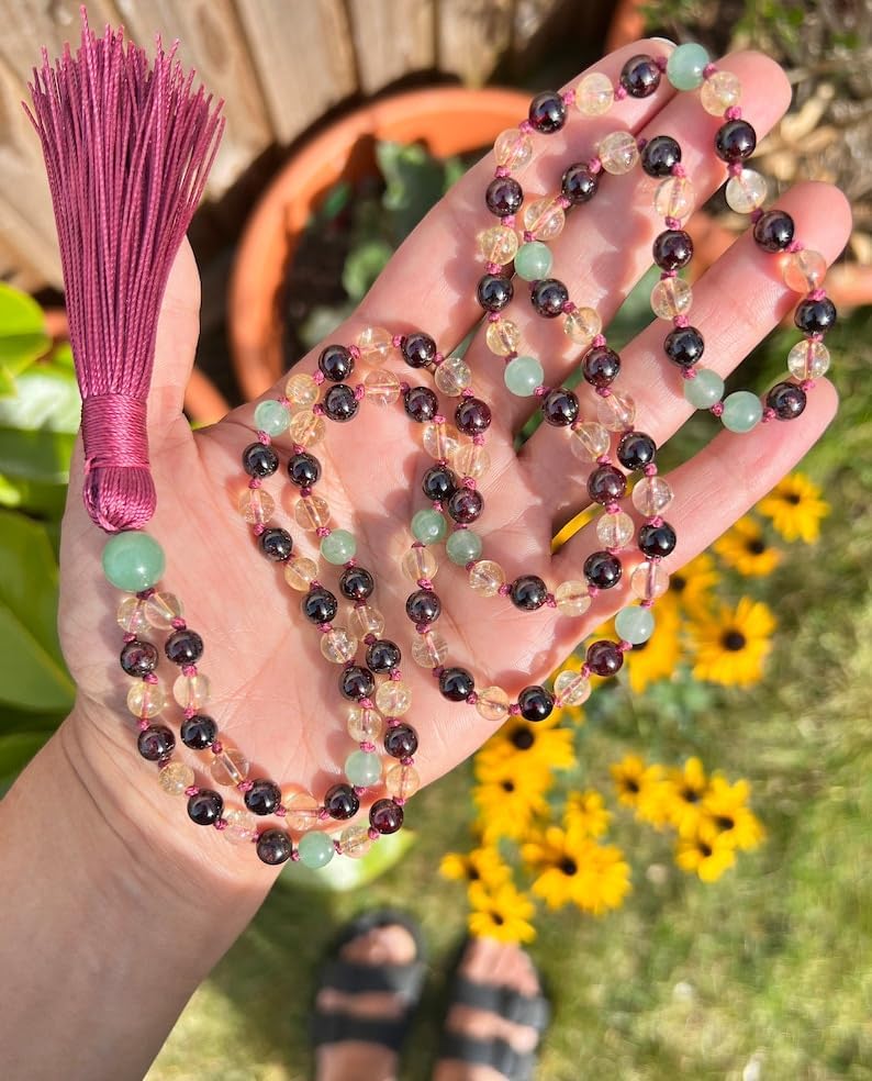 Natural Garnet, Citrine, Green Aventurine 6mm-8mm 108 Mala Beads, Spiritual, Meditation Beads, Reiki, Japa Mala, Buddhist Prayer Beads, Yoga Bracelet, healing beads LKMALA-RRGU-520