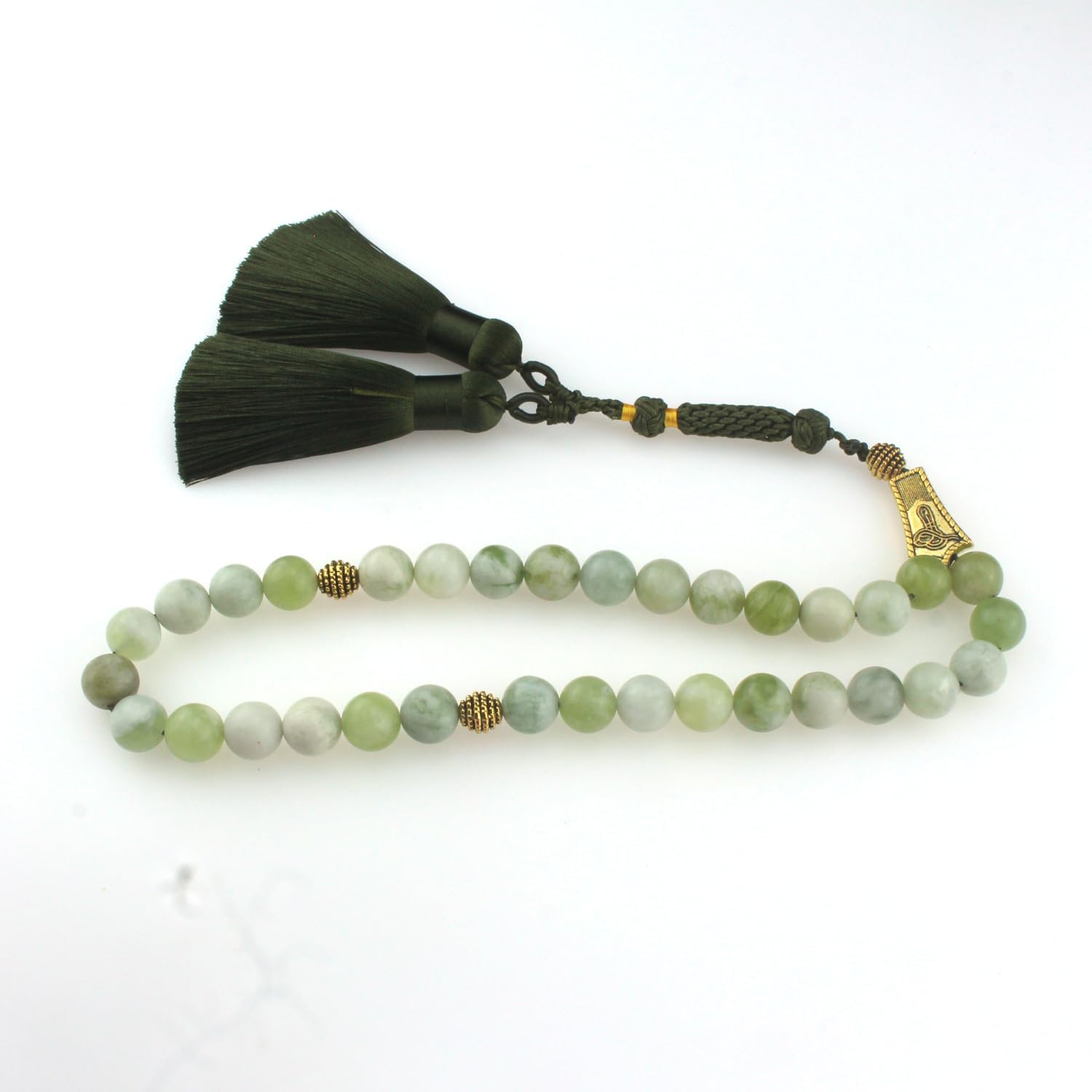 Muslims Islamic Dhikr Tasbeeh 33 Tasbih Prayer Beads, Light Green Jade Stone Beads with Tassel