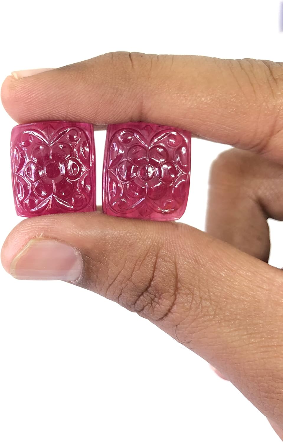 62.82 Ct Pair Ruby Flower Design Hand Carved Cushion Shape Size 19x17x7 mm Loose Gemstone For Making Ruby Earring Jewelry