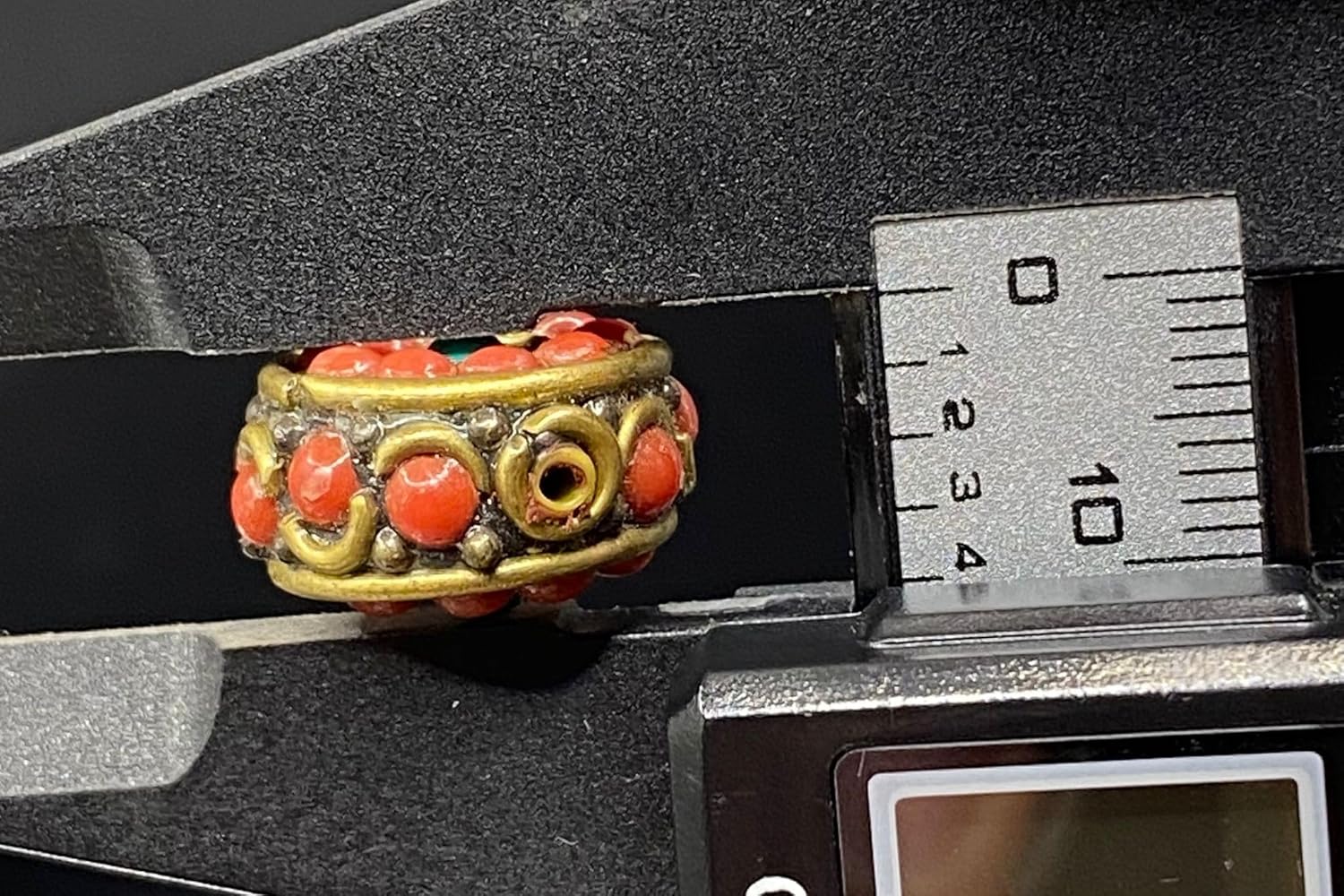 Old Antique 16x10mm Nepalese Tibetan Bead with Coral and Turquoise Inlay – 4.61g Handmade Brass Vintage Bead for Jewelry Making, Boho Crafts, Healing & Meditation Accessories (50)