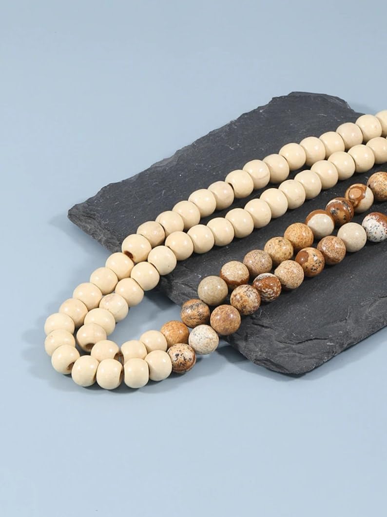 Natural Wooden Beads, picture jasper 8mm 108 Mala Beads, Spiritual, Meditation Beads, Reiki, Japa Mala, Buddhist Prayer Beads, Yoga Bracelet, healing beads LKMALA-RRGU-3704
