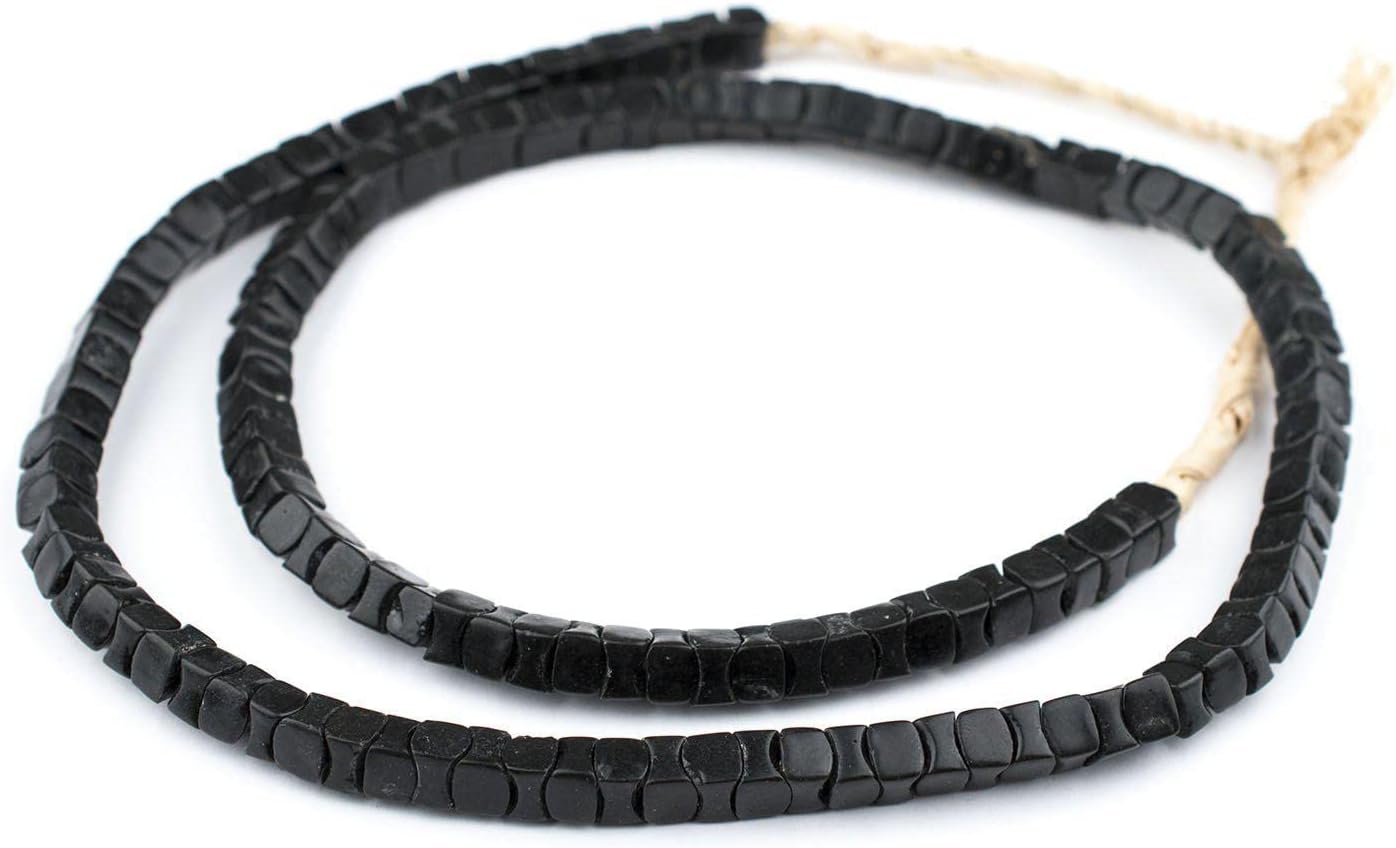 The Bead Chest Rare Black Square Snake Beads Long Strand 7mm Nigeria African Interlocking Glass 36 Inch Strand Handmade
