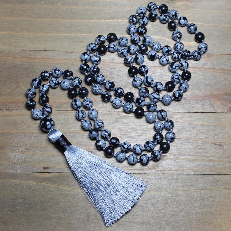 Natural Snowflake Obsidian 8mm 108 Mala Beads, Spiritual, Meditation Beads, Reiki, Japa Mala, Buddhist Prayer Beads, Yoga Bracelet, healing beads LKMALA-RRGU-3818