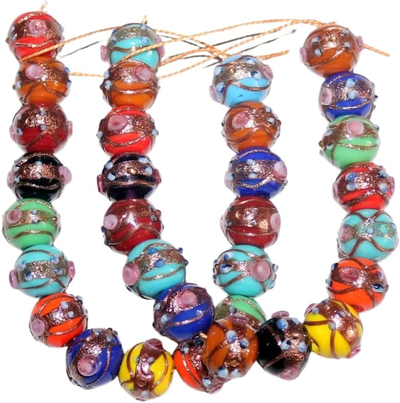 Handcrafted Multicolor Lampwork Glass Beads | Round Beads with Floral & Glitter Designs | Available in 50 Strands | Artistic Assorted for Jewelry Making, DIY Crafts.