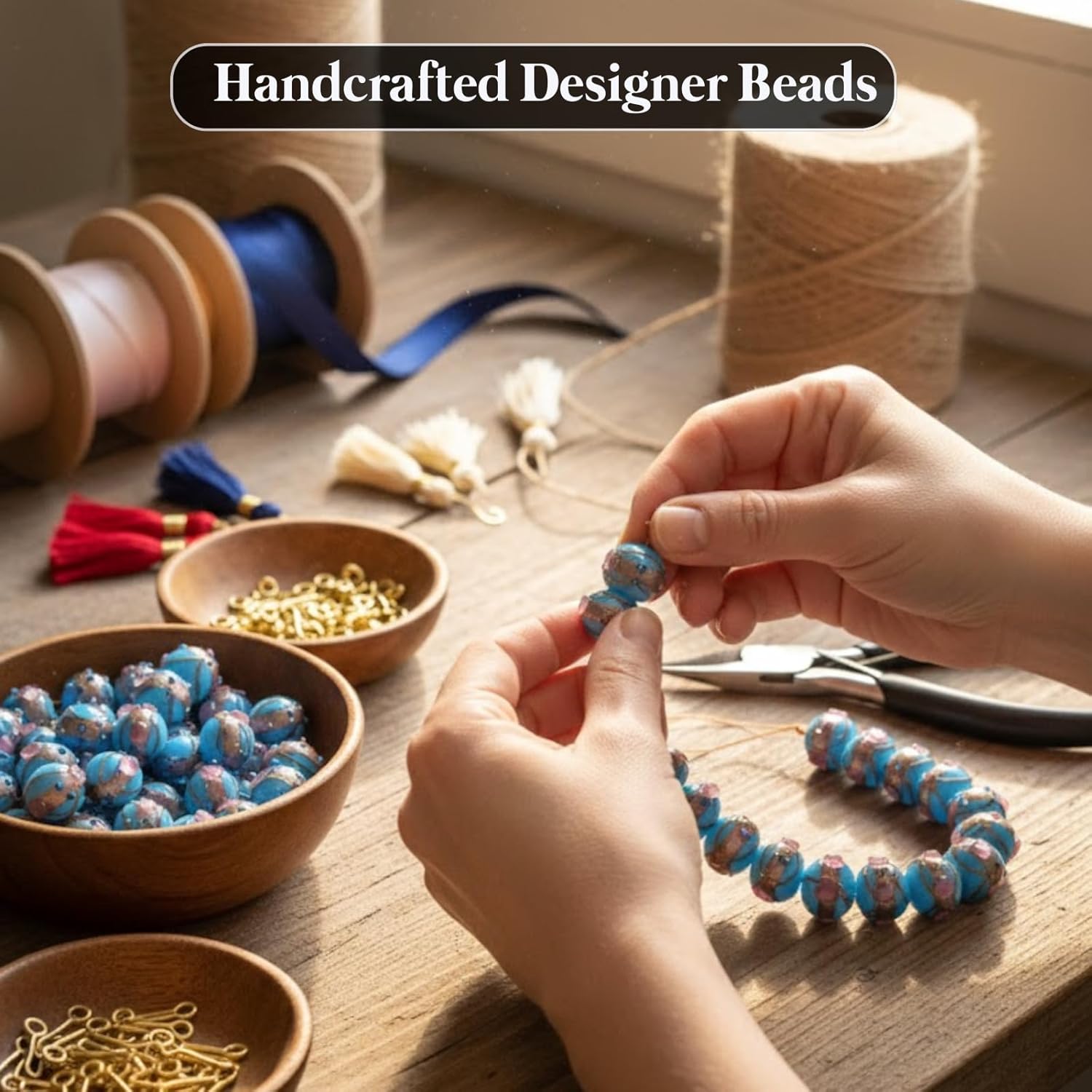 Handcrafted Blue & Golden Dual Tone Lampwork Glass Beads | 16mm Round Loose Beads with Pink & Blue Accents | Available in 10 Strands | Jewelry Making & DIY Crafts