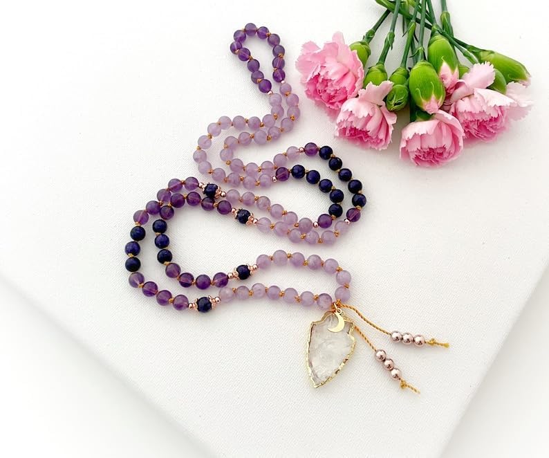 Natural Amethyst and Charoite 6mm 108 Mala Beads, Spiritual, Meditation Beads, Reiki, Japa Mala, Buddhist Prayer Beads, Yoga Bracelet, healing beads LKMALA-RRGU-2216