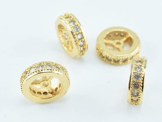 Beaded Jewelry 10mm Roundel 18k Gold Filled EP Micro Pave Beads with Clear CZ Cubic Zircon,Sparkle, Bling Spacer Beads