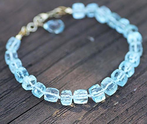 JEWELZ natural sky blue topaz bracelet solid 14k yellow gold, strung knotted, december birthstone 6mm - 7.5mm