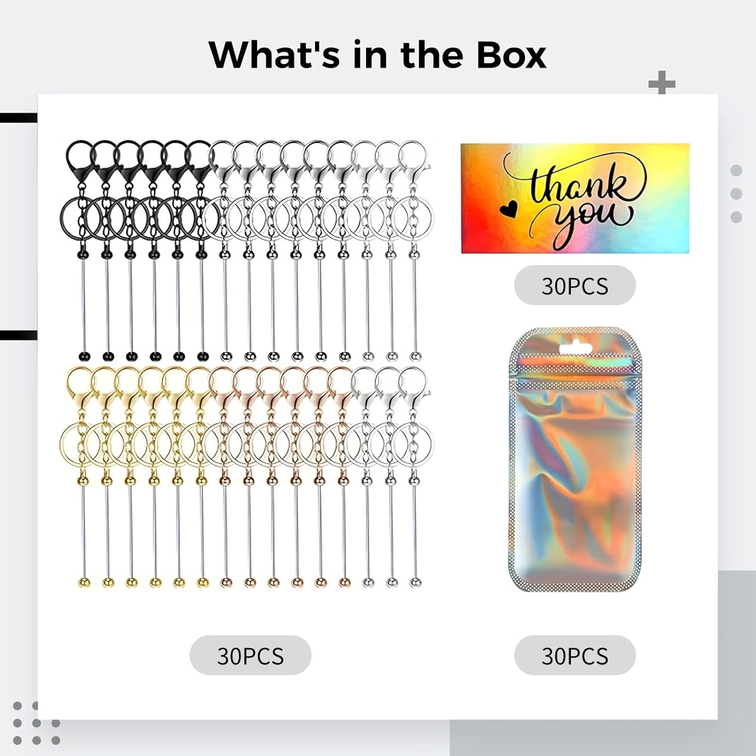 30 Colorful Keychain For Beading Diy Kit With Gift Bags & Thank You Cards