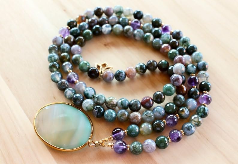 Natural Indian Agate Mala with Amethyst 8mm 108 Mala Beads, Spiritual, Meditation Beads, Reiki, Japa Mala, Buddhist Prayer Beads, Yoga Bracelet, healing beads LKMALA-RRGU-2920