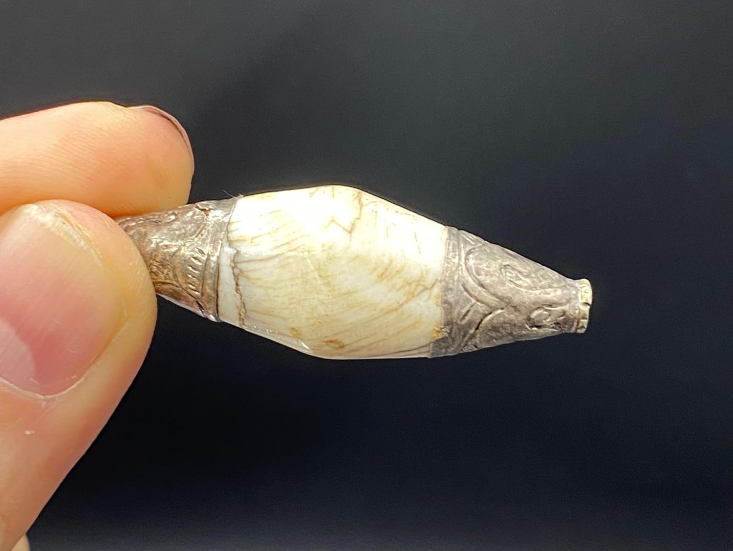 Handcrafted Nepalese Tibetan Natural Shell Pearl Bead with Afghan Silver Capped 44x15mm –9.55g Barrel Carved Bead for Jewelry Making, Craft Supplies, DIY Necklace & Bracelet Design (20)