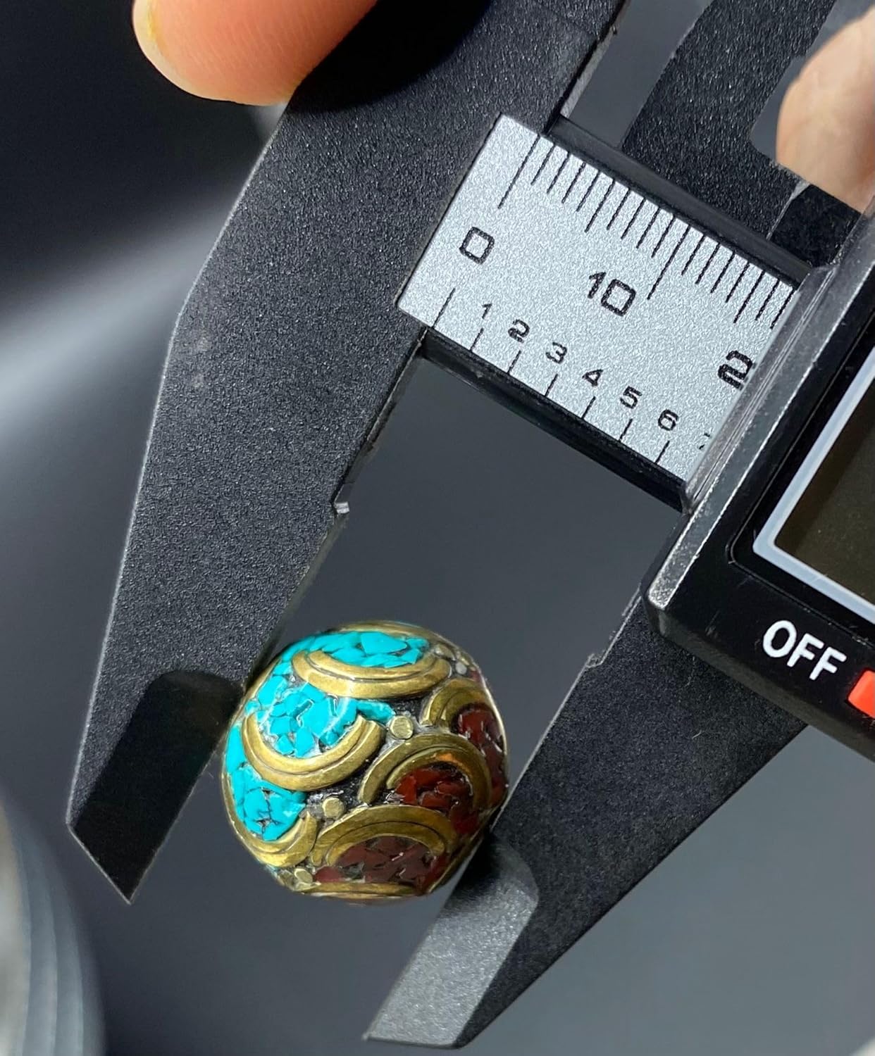 ALI OPLAS Old Antique Nepali Tibetan Handmade Brass Bead 18mm 9g | Turquoise & Coral Inlay Round Bead | Ethnic Boho Jewelry Supply | for Pendant Bracelet Necklace Making (50)