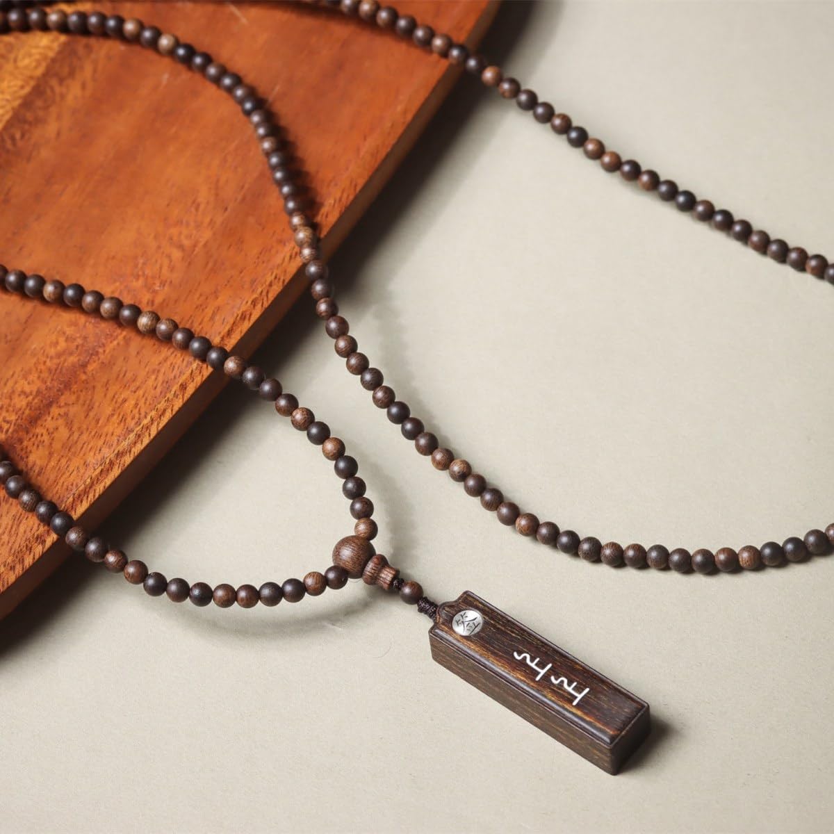 Hainan White Agarwood 4mm Prayer Beads with Premium Fortune Talisman Pendant, Sinking Grade