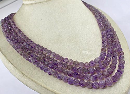 17 inch 4 strand necklace of natural amethyst round shape carved cut 16-5mm beads for DIY jewelry making.
