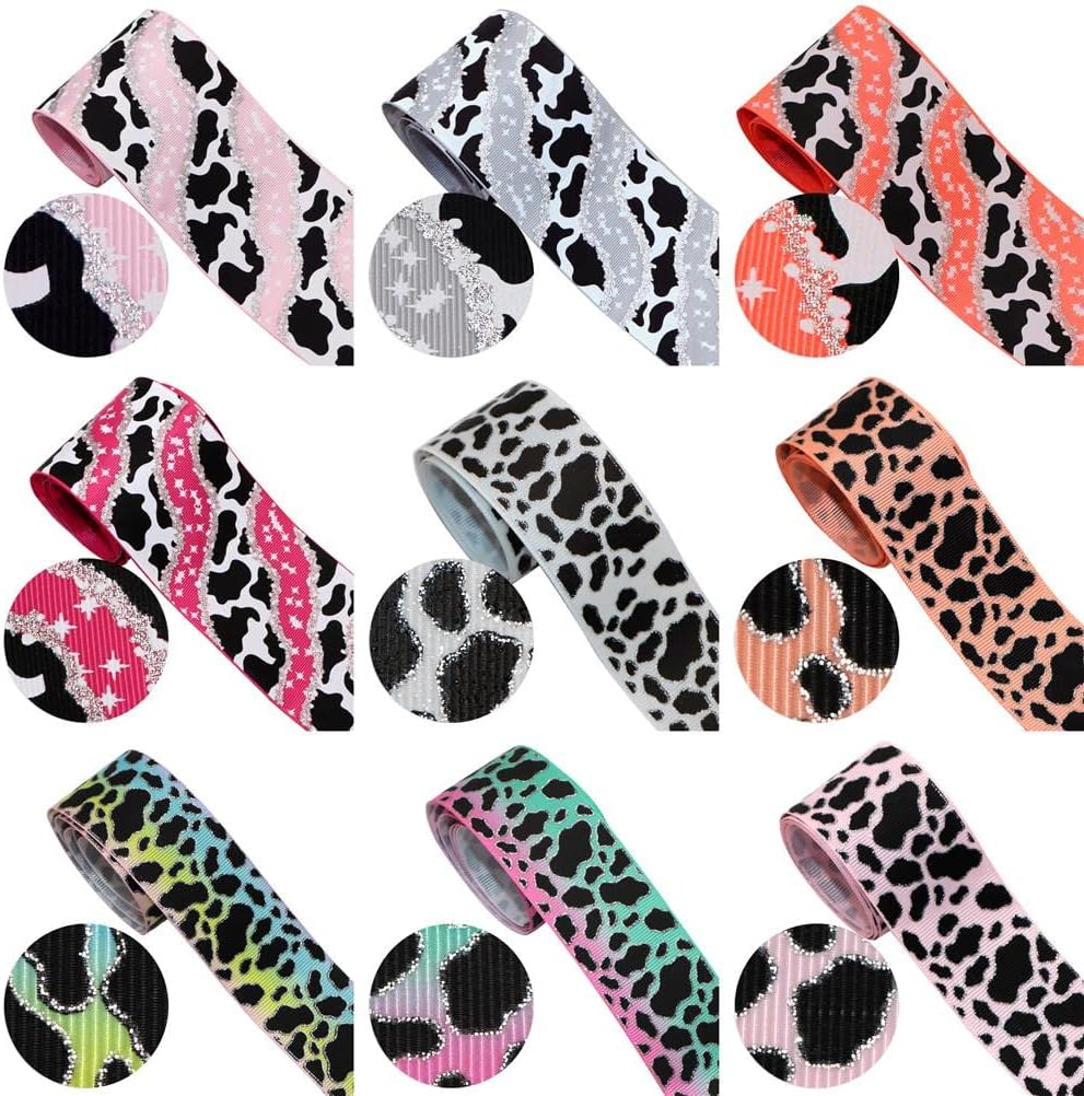 38Mm/75Mm Cow Grosgrain Ribbon Ink Printed Glitter Ribbon for DIY Handmade Bows Crafts Package Gift 50Yards,50Yc19913 - (Color: 75Mm Gray)